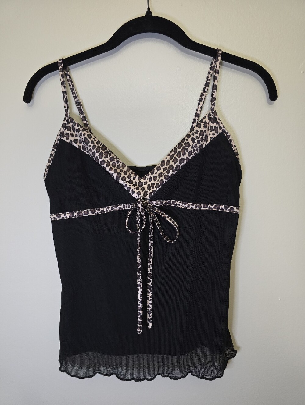 Black Cami Tank Top with Leopard Trim
